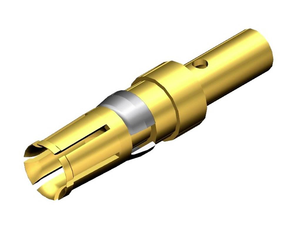 Ein goldfarbener elektrischer Steckkontakt aus Metall mit mehreren Schlitzen, gezeigt in seitlicher Ansicht.