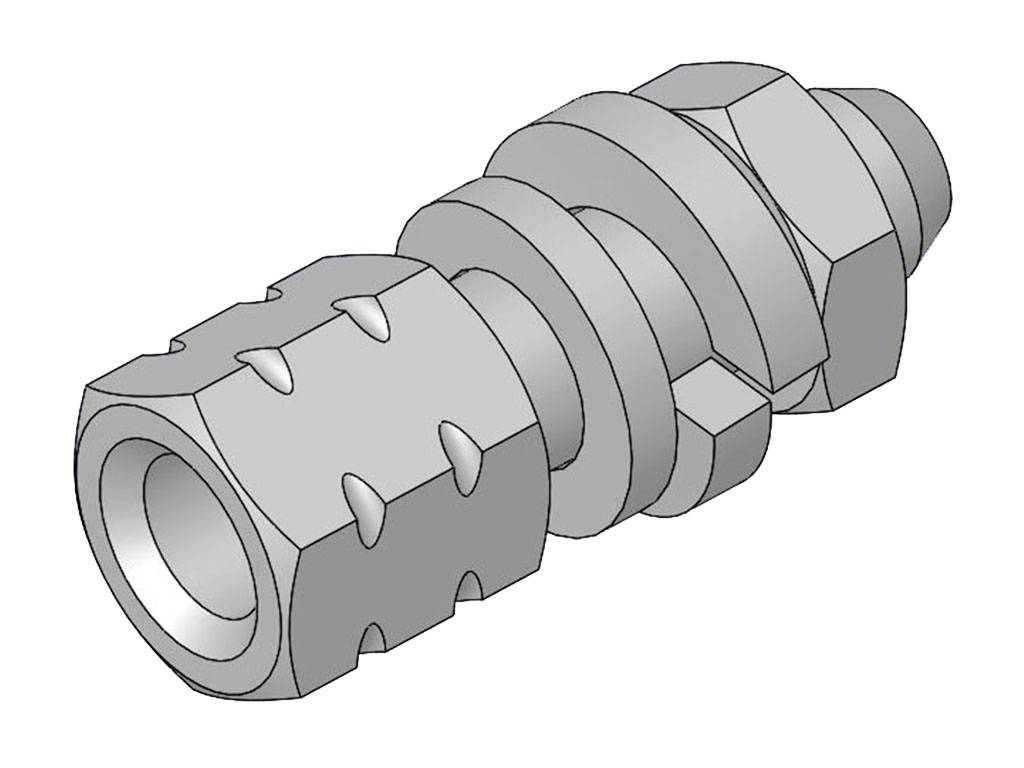 Eine technische Zeichnung eines metallischen Hydraulikanschlusses mit Gewinde und Rillen, verwendet für Rohrverbindungen.