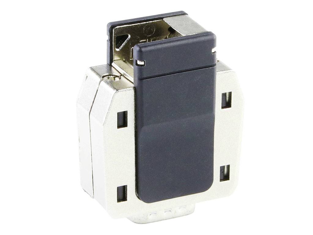 Schwarzer Keystone-Moduladapter mit Metallgehäuse, geeignet für den Einbau in Patchpanels. Bietet HDMI-Verbindungen.