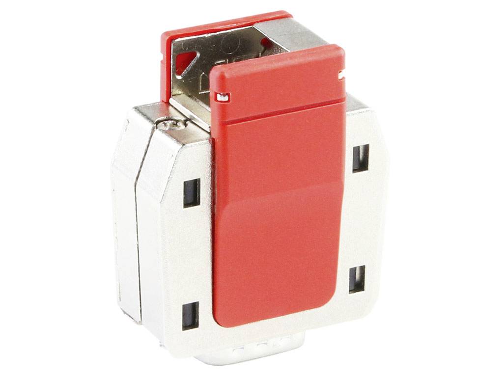 Ein silbernes und rotes elektrisches Steckmodul mit rechteckiger Form und vier schwarzen Befestigungspunkten.