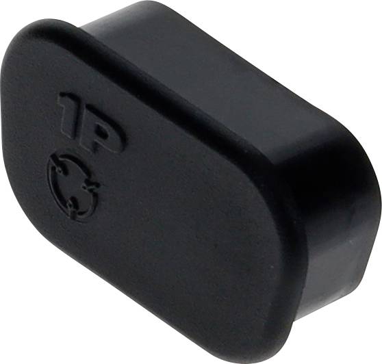 Eine schwarze Plastikabdeckung mit geprägtem '1P' Text und einem kreisförmigen Pfeillogo, höchstwahrscheinlich eine Schutzkappe für elektrische oder mechanische Komponenten.