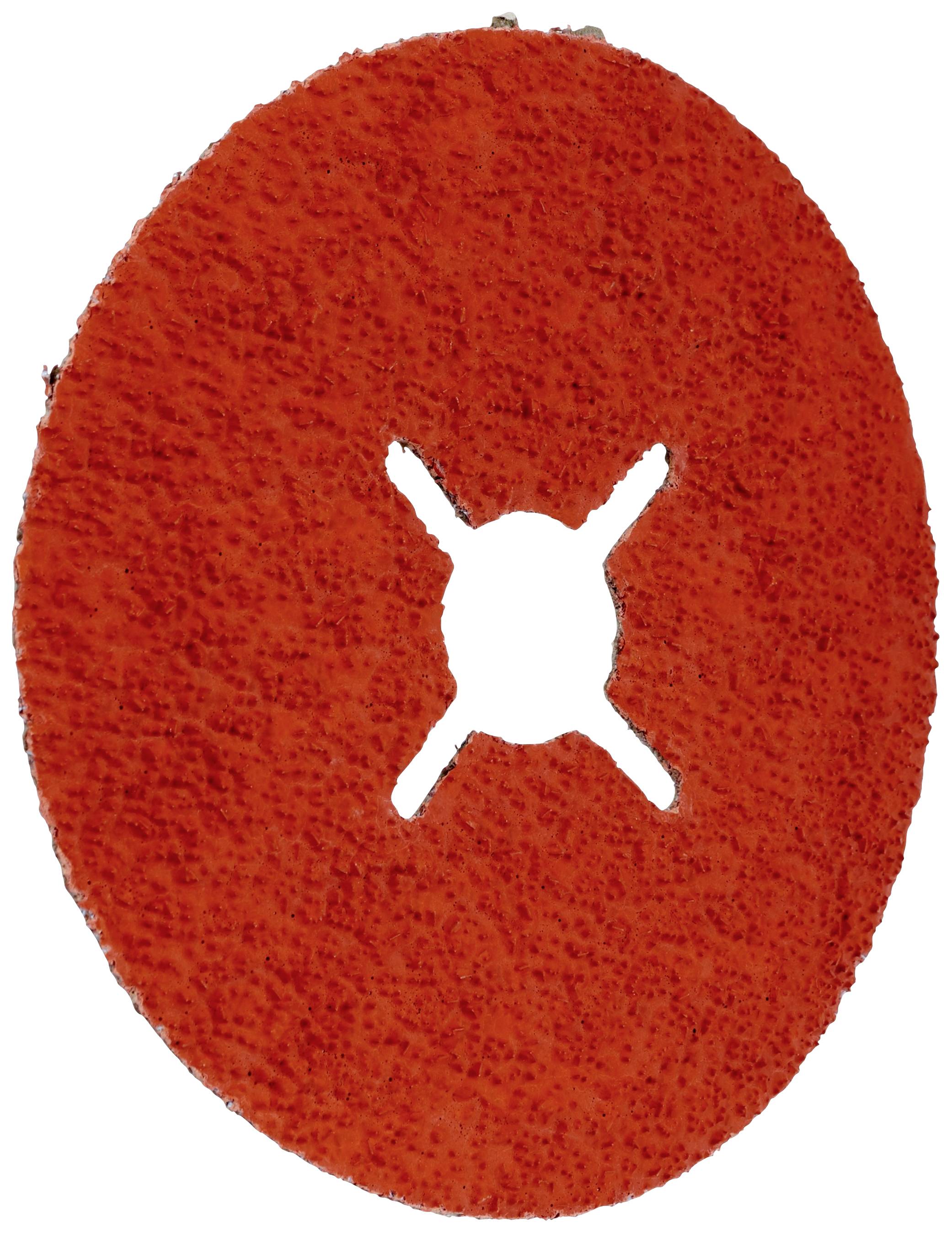 Ein roter Schleifaufsatz mit kreisförmigem Design und einem Kreuzschlitz in der Mitte, verwendet für Schleifarbeiten.