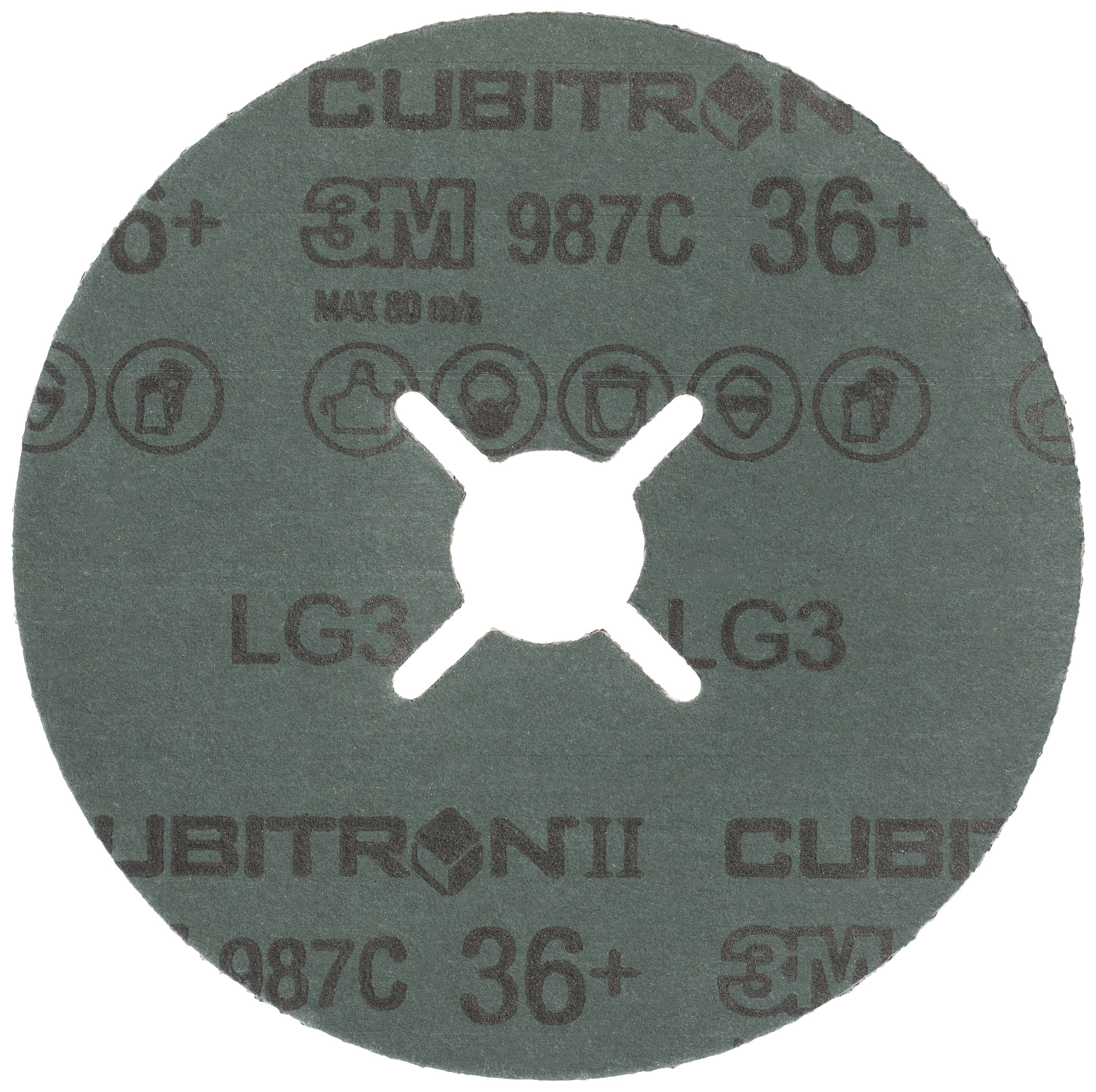 Schleifscheibe mit Beschriftung 'Cubitron II 3M 987C 36+'. Grün mit zentraler Öffnung. Geeignet für hohe Geschwindigkeiten bis 80 m/s.