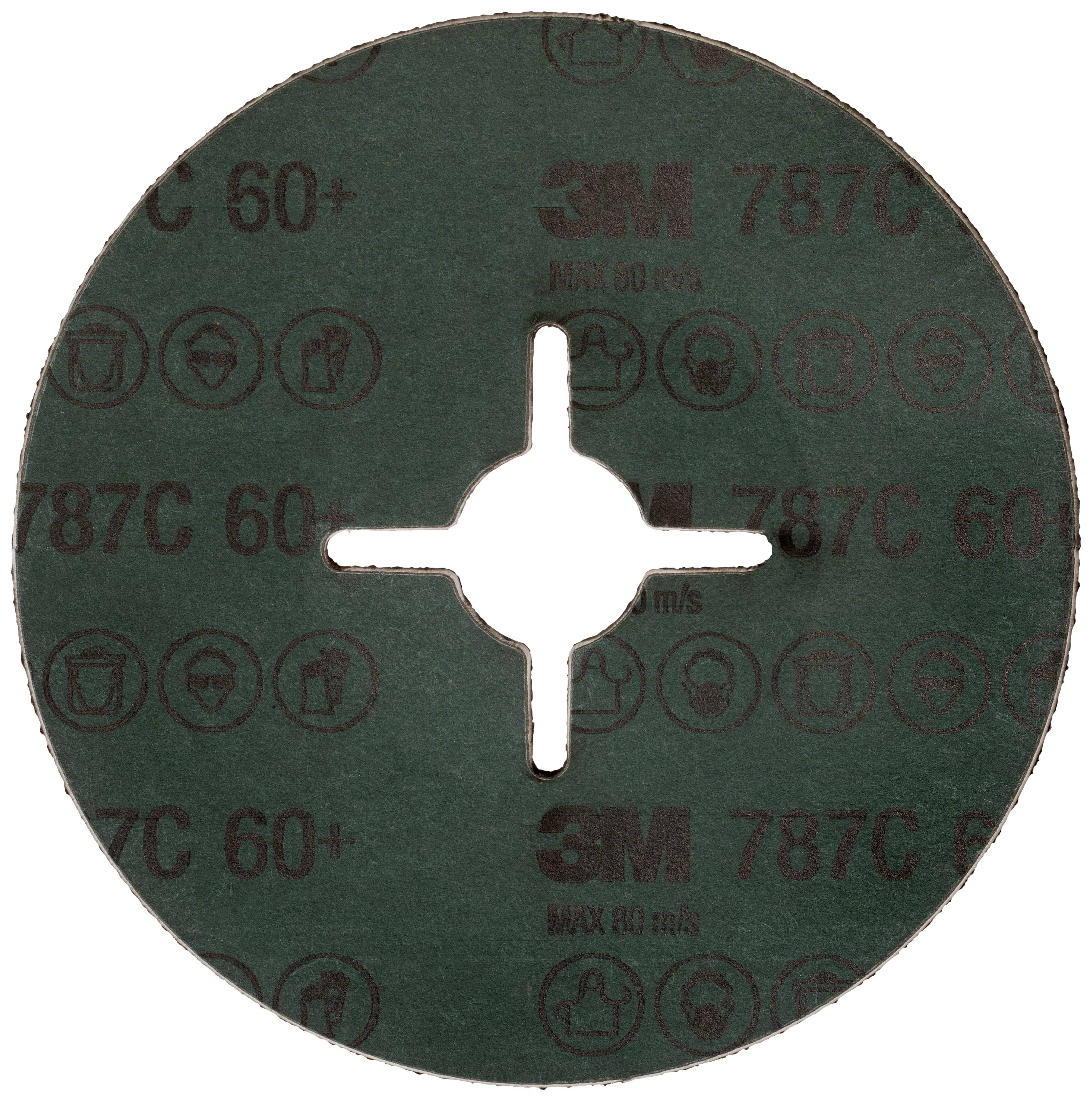 Schleifscheibe mit sternförmiger Öffnung in der Mitte, grün mit '3M 787C 60+' Aufdruck, geeignet für industrielle Anwendungen.