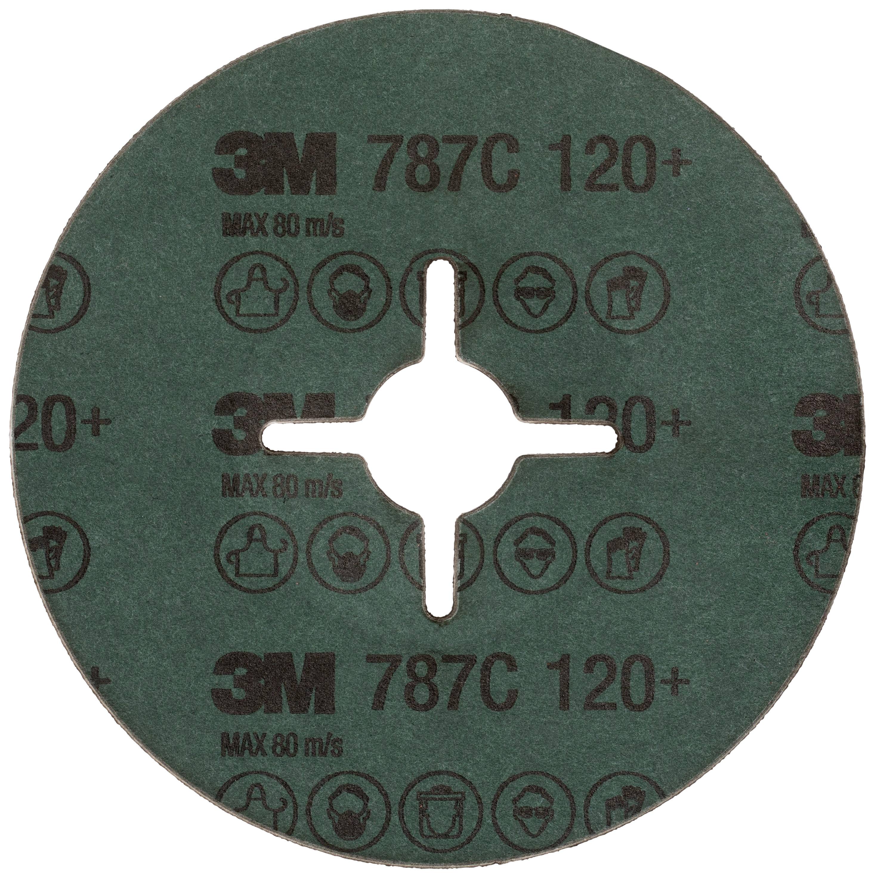 Schleifscheibe 3M 787C, grün, Korn 120+, runde Form mit zentraler Öffnung und Beschriftung 'MAX 80 m/s'.