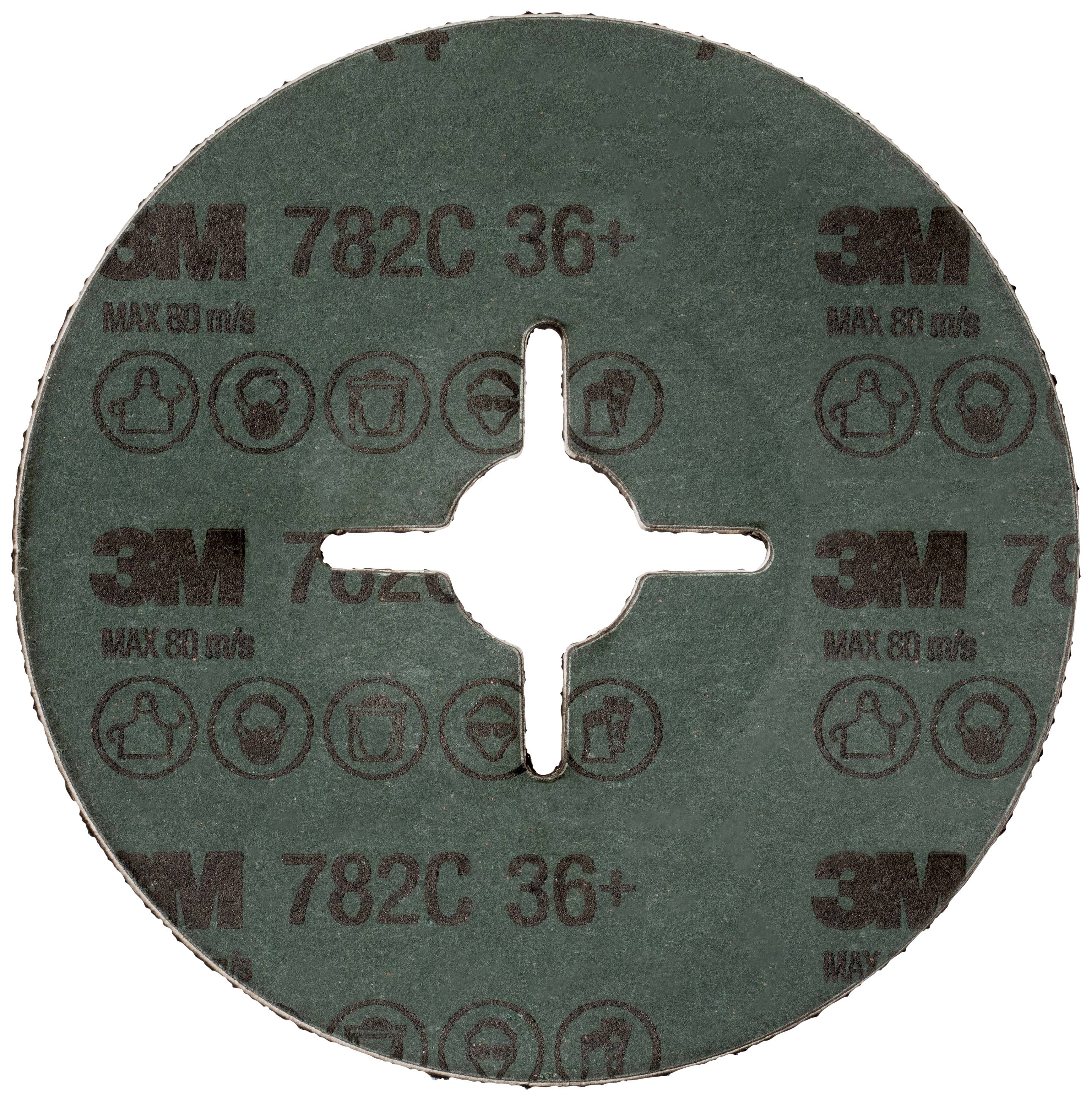 Ein Schleifscheibe mit der Aufschrift '3M 782C 36+', geeignet für eine maximale Geschwindigkeit von 80 m/s.