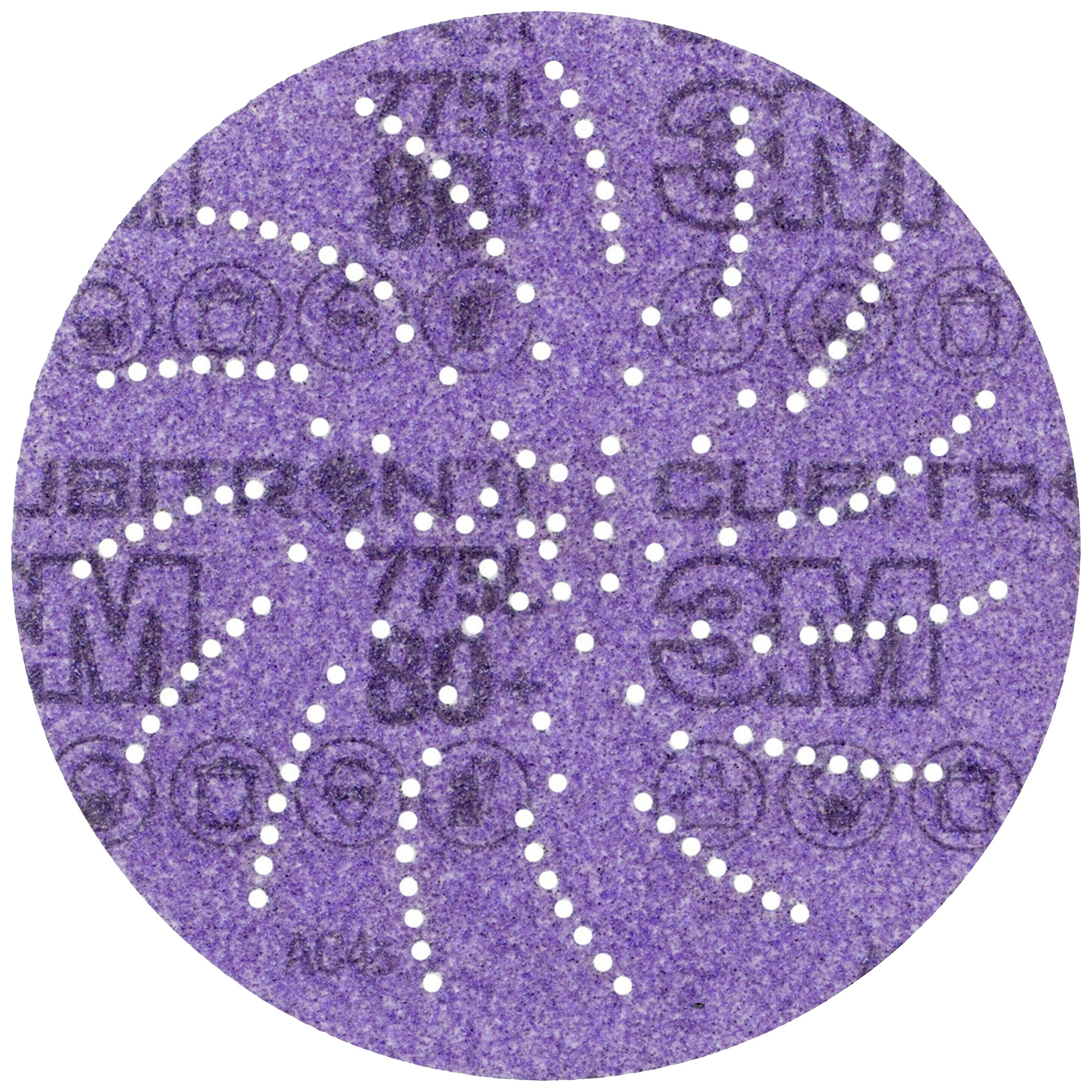 Lila Schleifscheibe mit Spiralmuster aus Löchern zur Staubabsaugung, bedruckt mit Marke und Modellangaben.