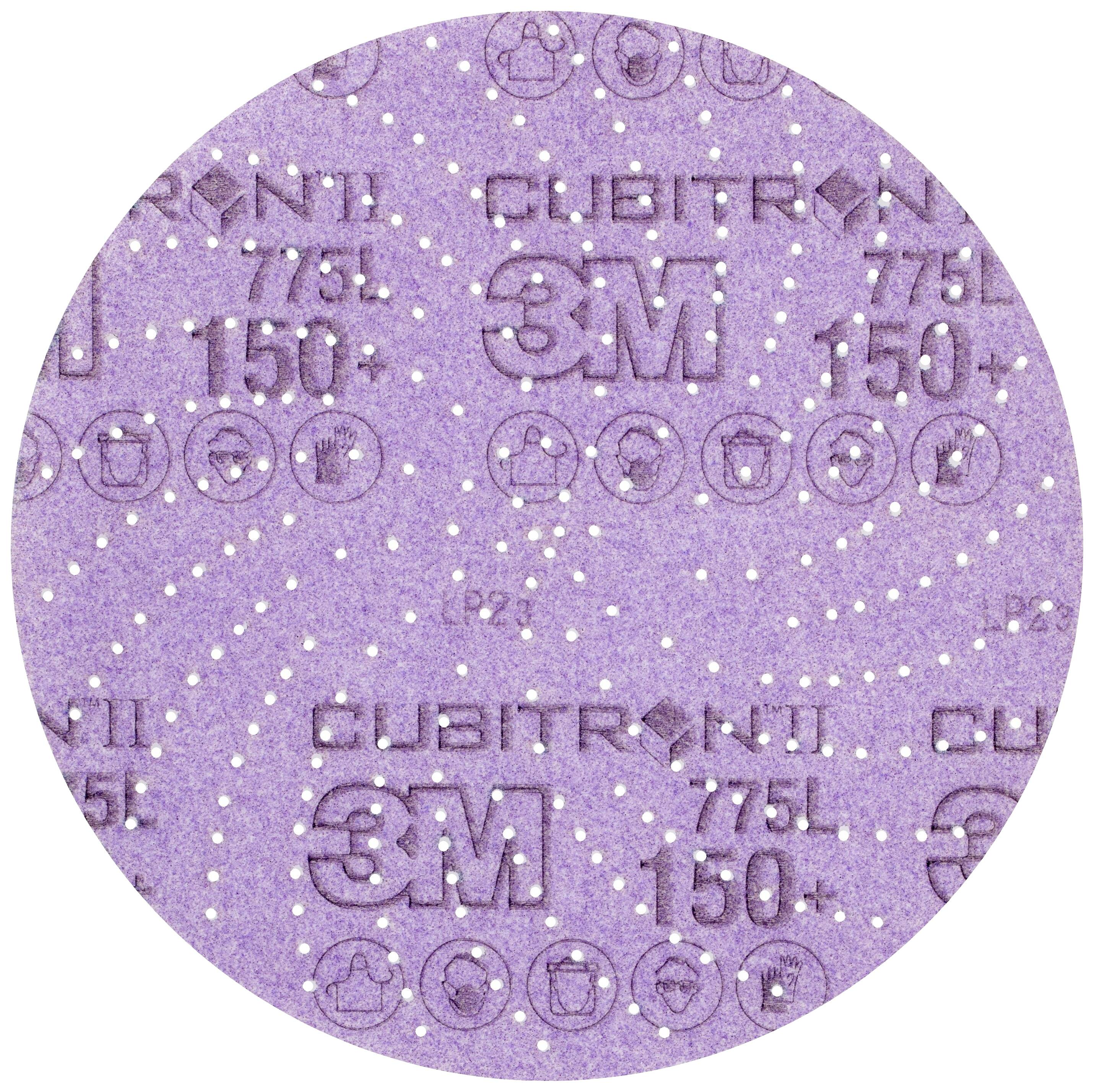 Rundes Schleifpapier mit lila Oberfläche; Aufschrift '3M Cubitron'. Punkte und Symbole gleichmäßig verteilt.