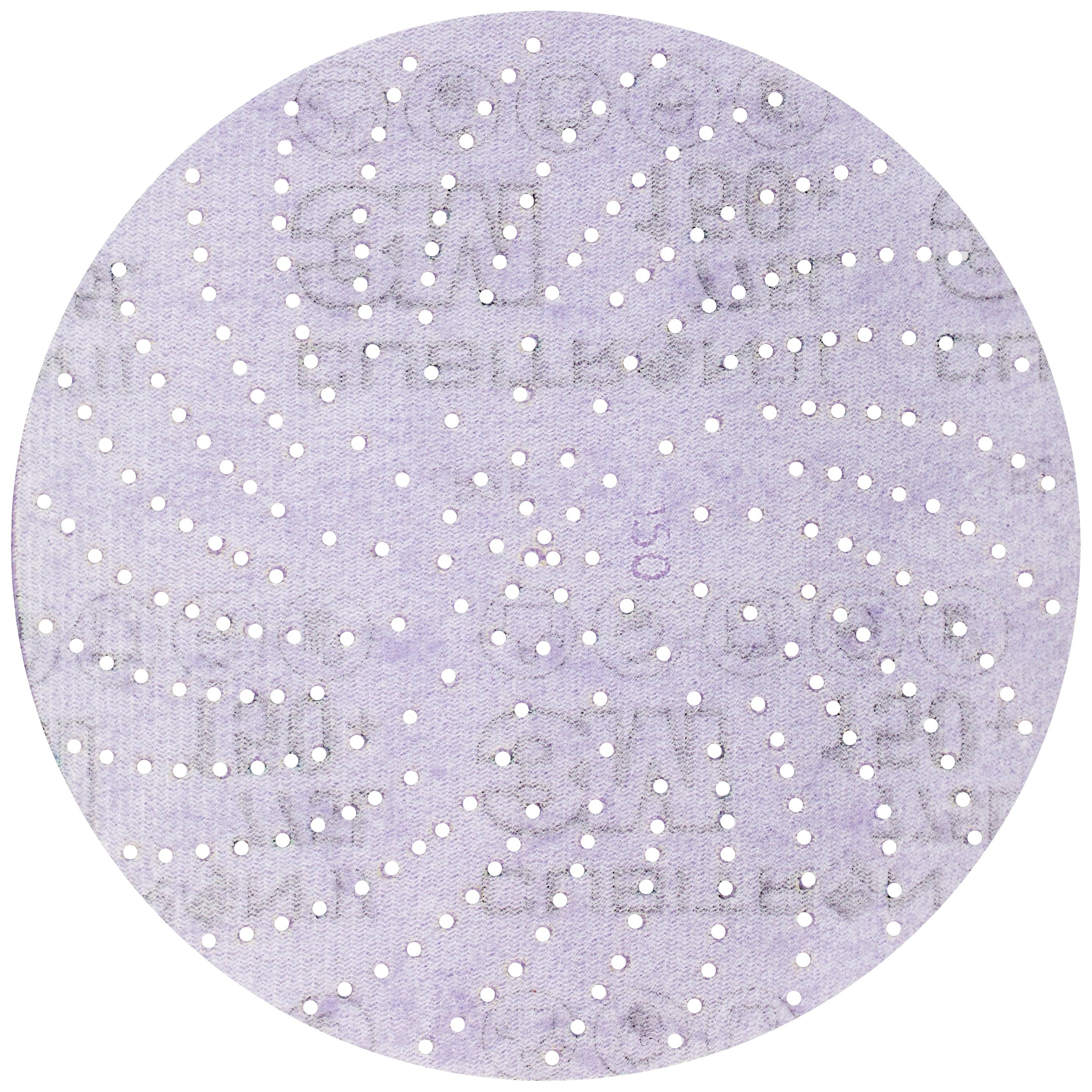 Lila Schleifscheibe mit kreisförmigem Lochmuster, genutzt zum Glätten oder Polieren von Oberflächen.