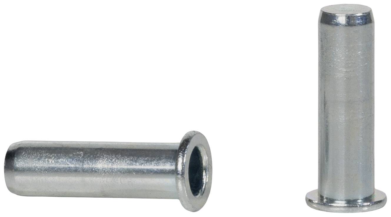 Zwei metallische Hohlnieten, eine liegend und eine stehend, auf einem weißen Hintergrund.