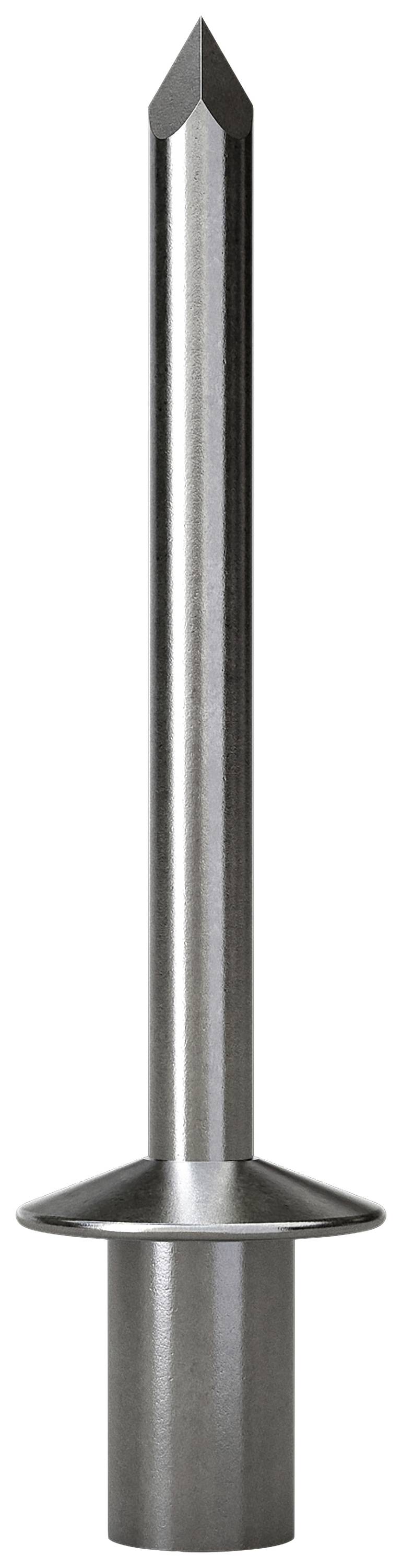 Metallstift mit konischem Kopf und breiter Basis, vertikal stehend. Möglicherweise Teil eines Werkzeugs oder einer Maschine.