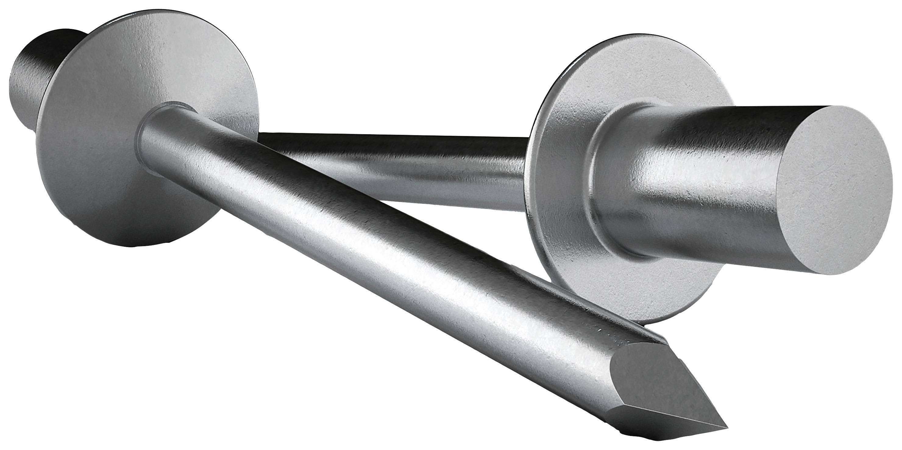 Metallschrauben mit großen flachen Köpfen und scharfen Spitzen, die aufeinander liegen.