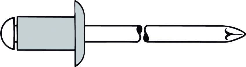 Illustration eines Blindniets mit Kopf und Dorn. Der Niet dient zur Befestigung von Materialien, bei denen nur eine Seite zugänglich ist.