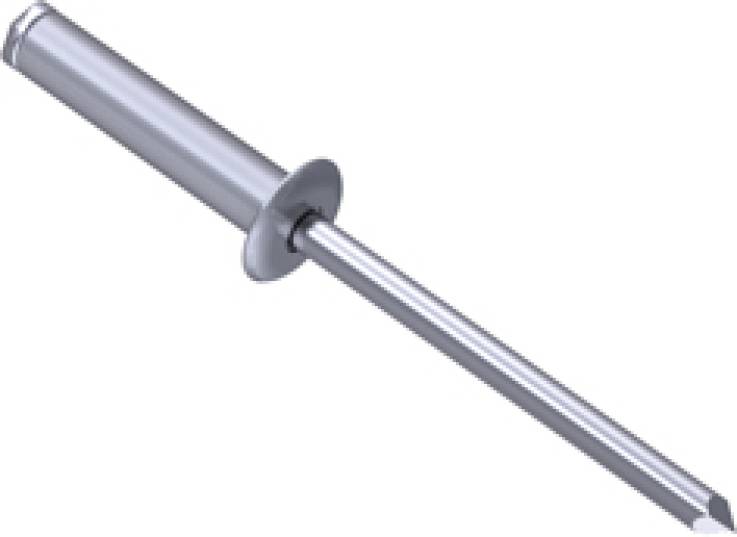 Ein silberner Blindniet mit einem flachen Kopf und einem langen Dorn, verwendet zur sicheren Verbindung von Materialien ohne Zugang zur Rückseite.