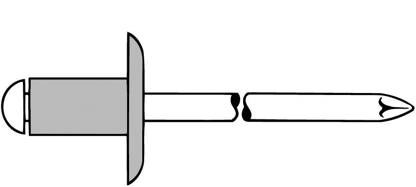 Diagramm eines Pop-Niets mit Schaft und Nietnadel. Zeigt, wie der Niet zum Verbinden von Materialien verwendet wird.
