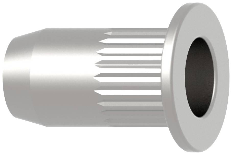 Metall-Hohlnietmutter mit geriffelter Oberfläche, zylindrischer Form und breitem Kragen, geeignet für Befestigungen in dünnen Materialien.