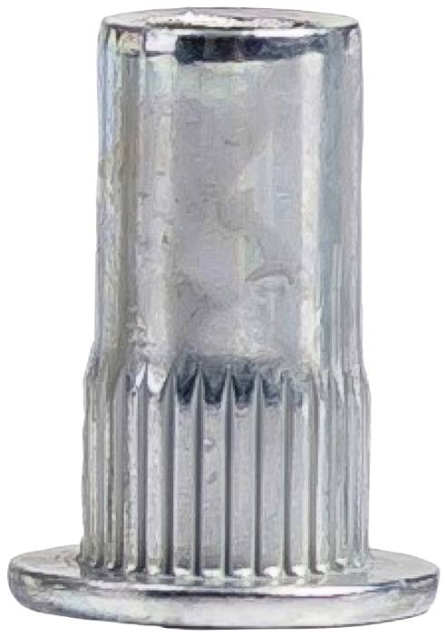 Silberne Metallmutter mit geriffeltem Zylinderkörper und flachem Randfuß. Verwendet für robuste Verbindungen in Metallkonstruktionen.