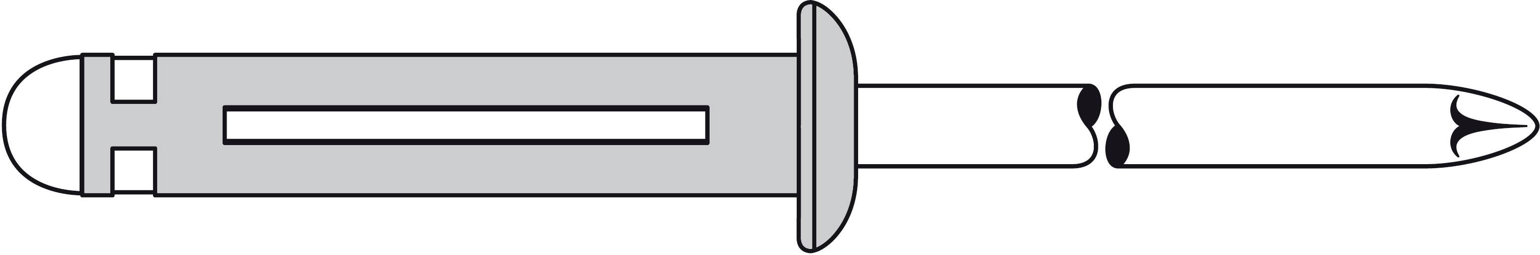 Diagramm eines Nietenwerkzeugs ohne detaillierte Beschriftungen, bestehend aus Griff und Einsatz mit stiftartigem Abschluss.