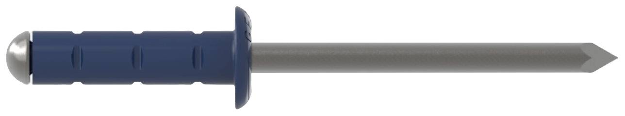 Blauer Bolzenanker mit silbernem Stift, seitlich gesehen. Hauptsächlich verwendet zur sicheren Befestigung in festen Materialien.
