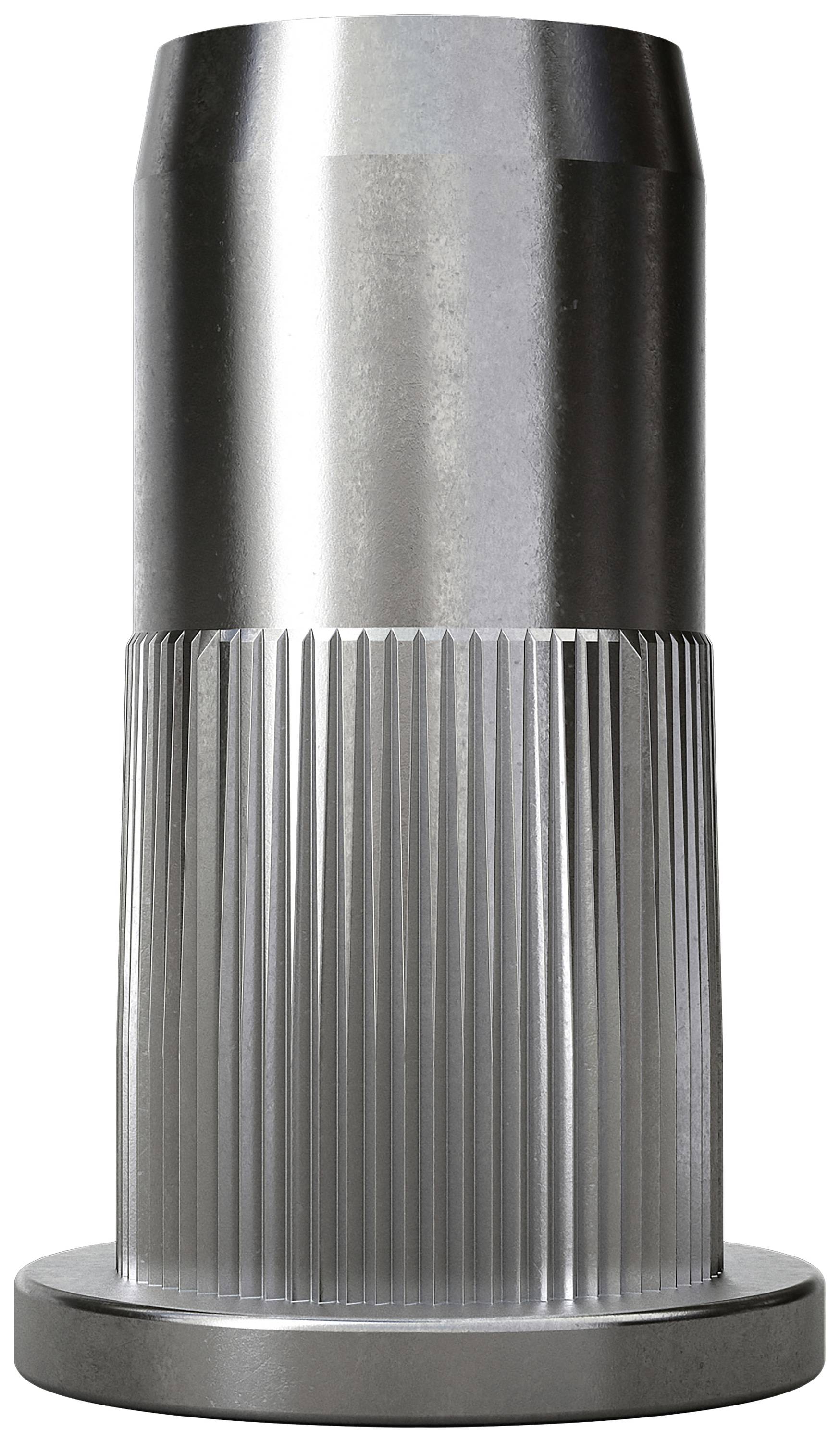 Metallisches, zylindrisches Bauteil mit geriffelter Oberfläche und glattem oberen Abschnitt; eignet sich vermutlich für mechanische Anwendungen.