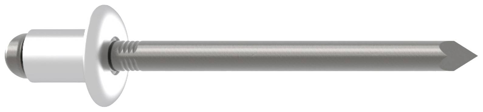 Metallischer Blindniet mit rundem Kopf und spitzem Ende, geeignet für feste Verbindungen in Metall- oder Kunststoffmaterialien.