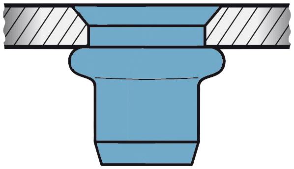 Querschnitt einer blauen Dichtung zwischen zwei Metallteilen. Zeigt die Passform der Dichtung in einer Baugruppe.