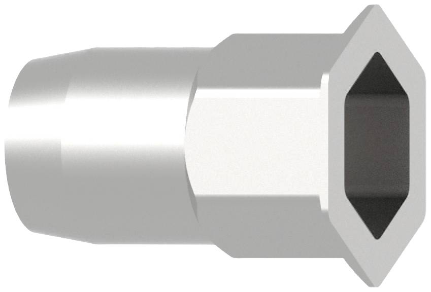 Metallisches Verbindungsstück mit quadratischem Ende und rundem Hals, möglicherweise Teil eines mechanischen Systems.