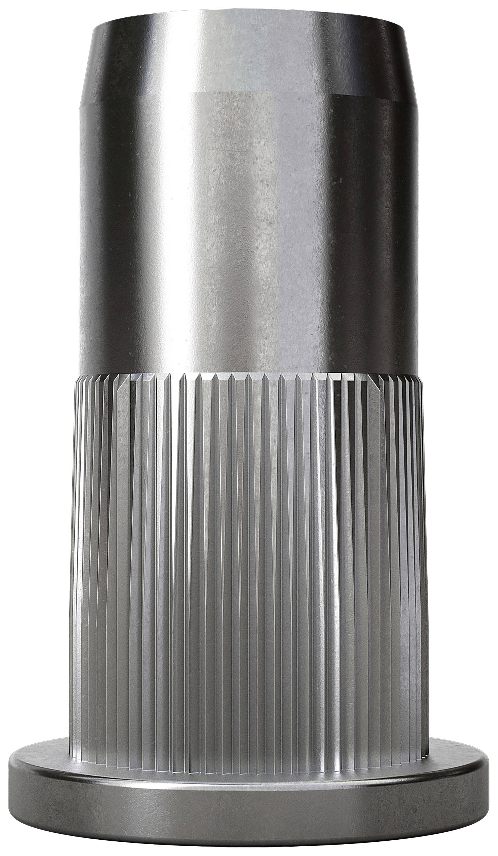Ein glänzendes, metallisches Maschinenteil in zylindrischer Form mit geriffelter Oberfläche, auf einem flachen Sockel stehend.