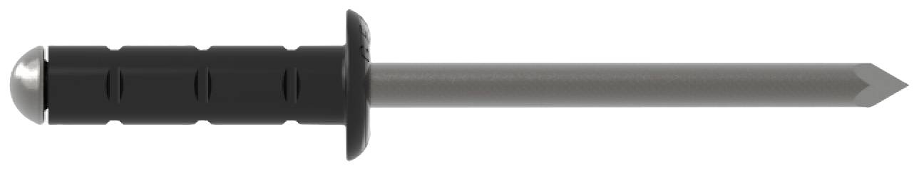 Dübel mit schwarzem Kunststoffkörper und metallischem Stift, spitz am Ende. Verwendet zur Befestigung in Wänden oder Konstruktionen.