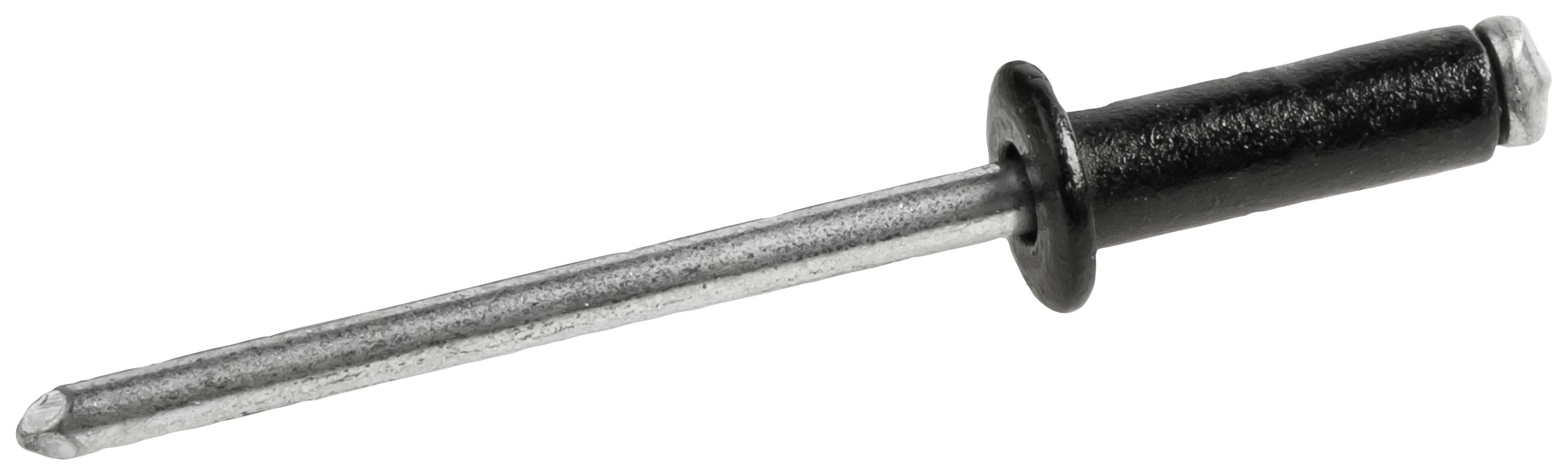 Ein Blindniet aus Metall mit schwarzem Kopf, verwendet zur Befestigung von Materialien durch ein Nietwerkzeug.