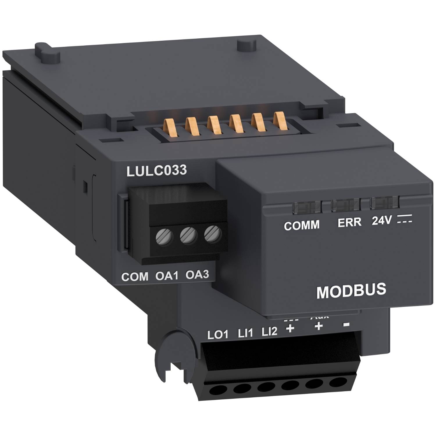 Ein schwarzes Modbus-Kommunikationsmodul mit mehreren Anschlüssen und Beschriftungen ('LO1', 'L1', 'L2', '+', '–').
