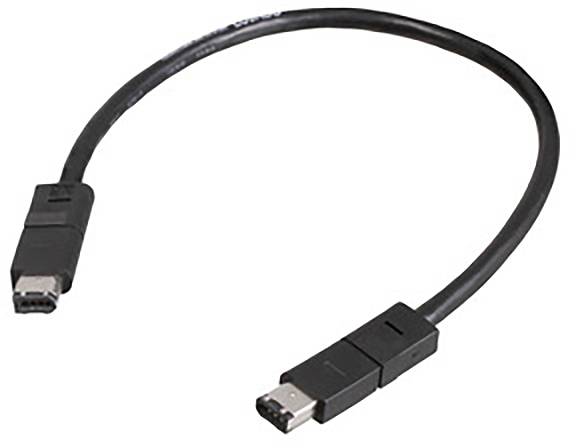 Ein schwarzes FireWire-400-Kabel mit rechteckigen Steckern an beiden Enden, verwendet für die Datenübertragung zwischen Geräten.