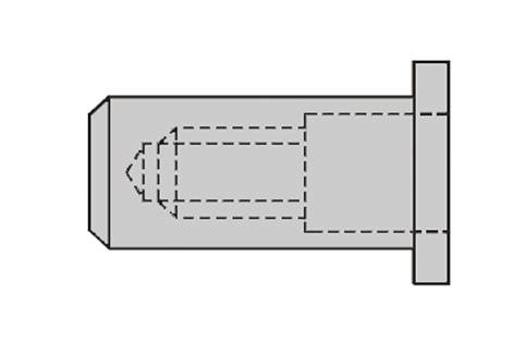 Technische Zeichnung eines Bolzens mit abgerundeten Kanten, Seitenansicht. Zeigt Bohrungen und Gewinde im Inneren.