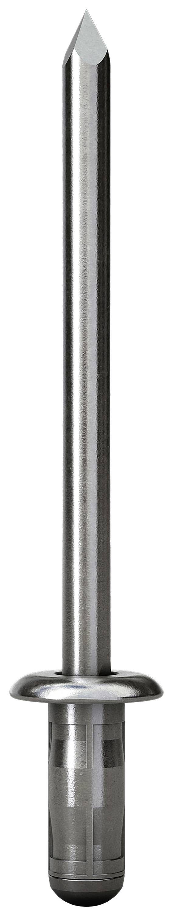 Ein silberner Blindniet mit spitzem Ende und breitem Kopf.