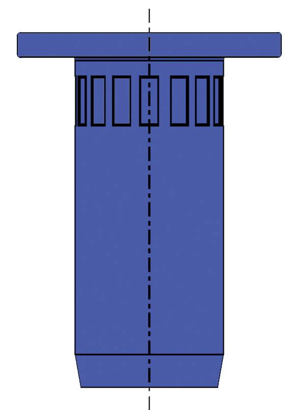 Technische Zeichnung eines blauen zylindrischen Objekts mit geriffeltem Rand und symmetrischem Design.