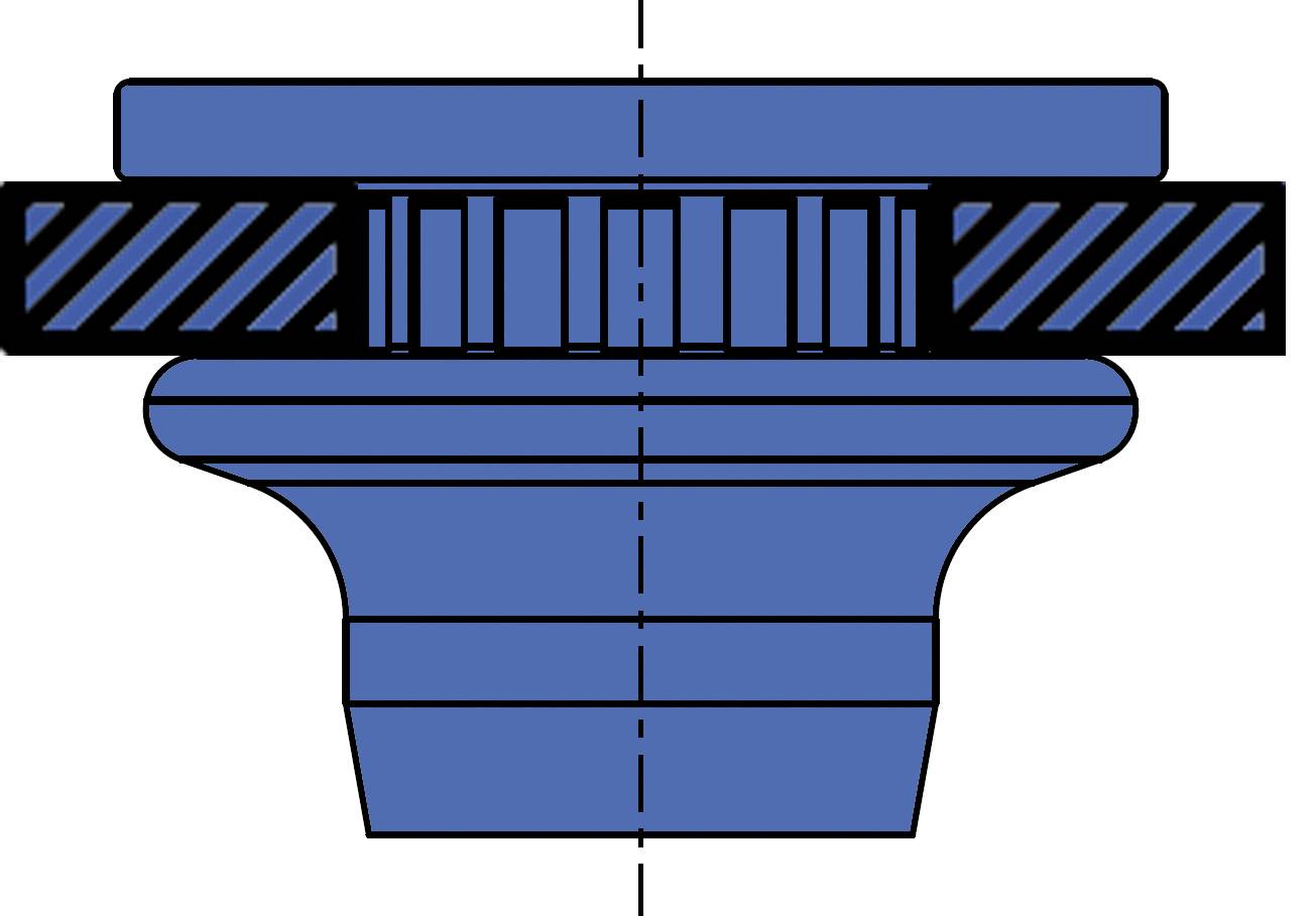Querschnitt einer mechanischen Komponente in Blau, zeigt Zahnräder und Lager.
