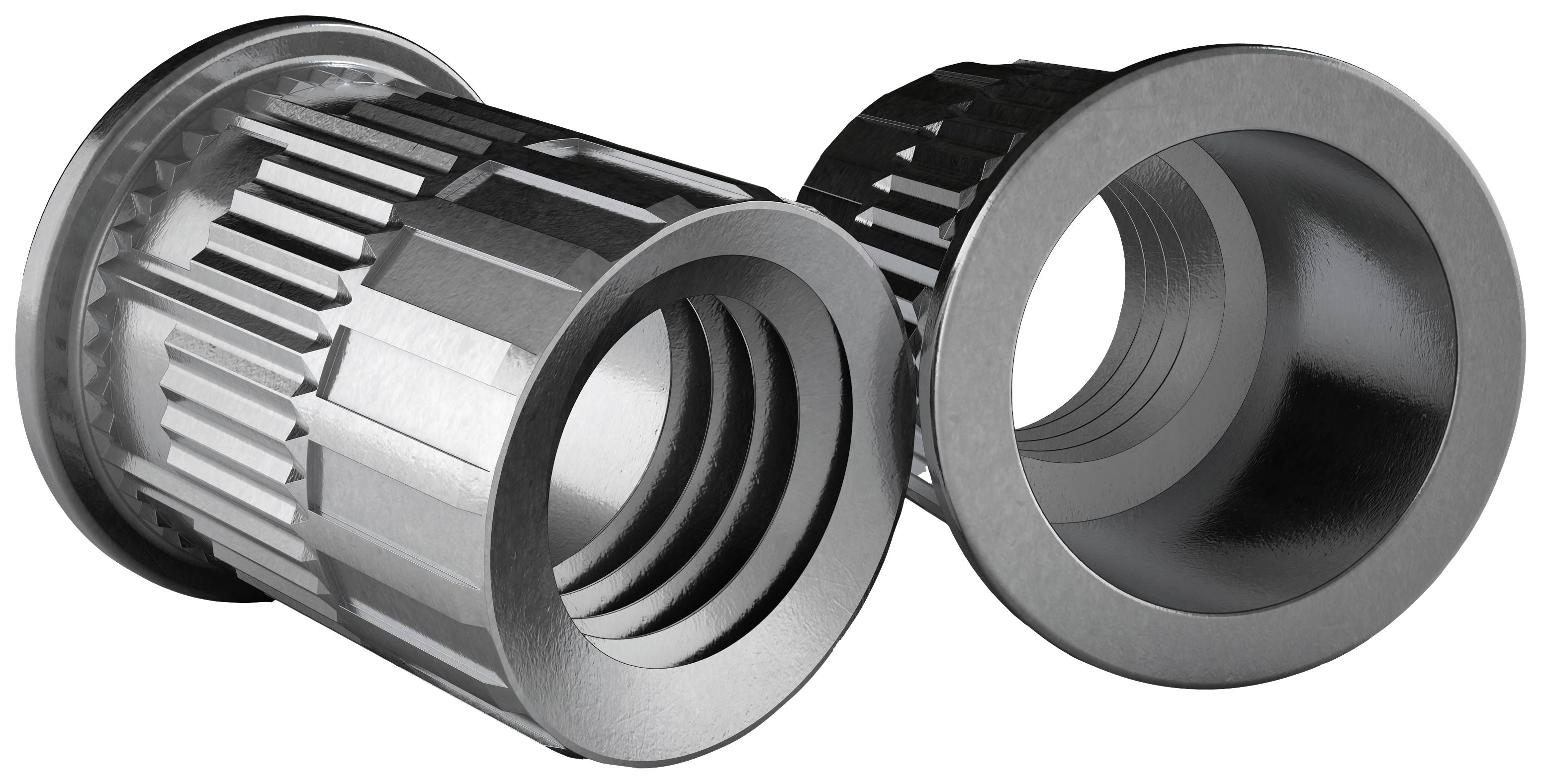 Zwei metallische Einpressmuttern, eine stehend und eine liegend, zeigen Außengewinde und gerändelte Oberflächenstruktur.