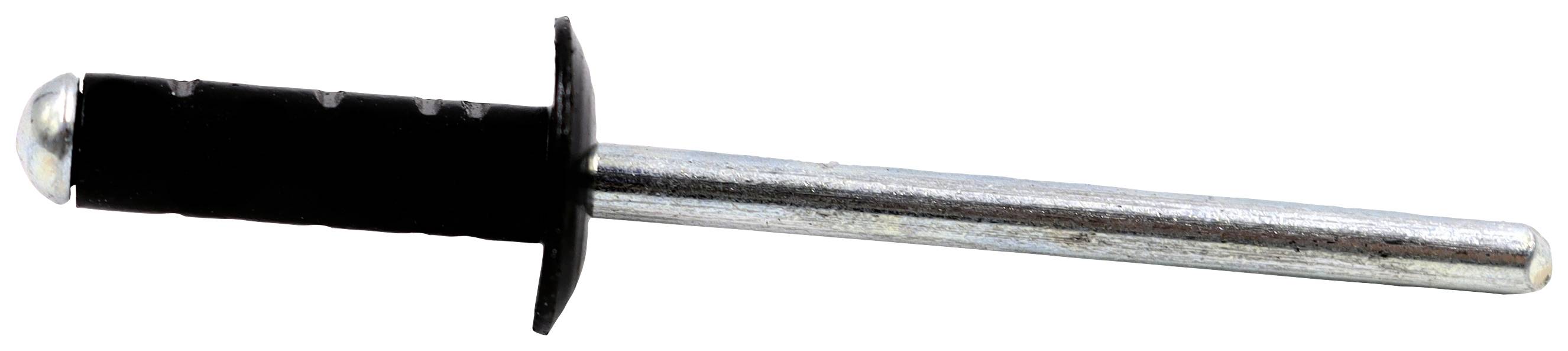 Ein Blindnieten, bestehend aus einem silbernen Stift und einem schwarzen Kopf, verwendet zum Zusammenfügen von Materialteilen.