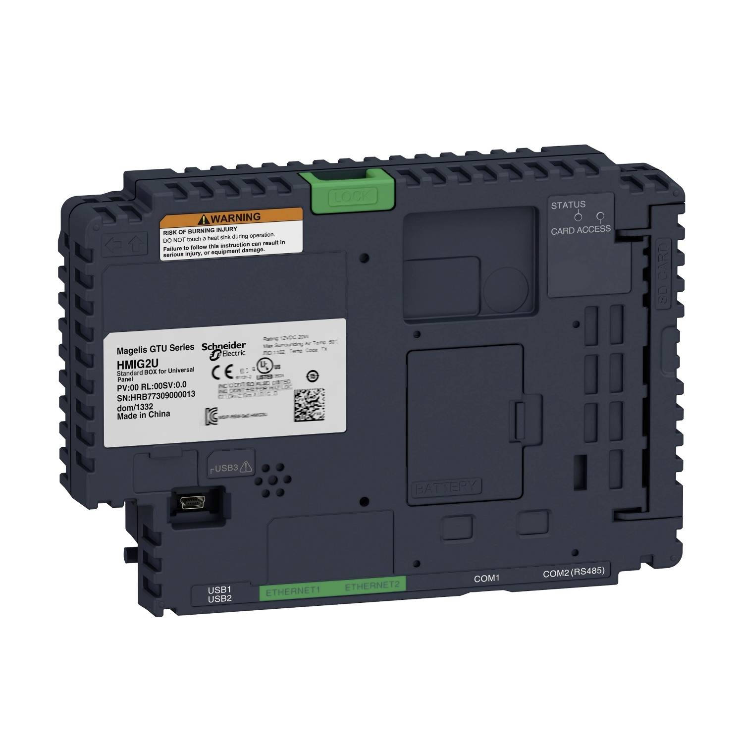 Ein elektronisches Gerät mit mehreren Anschlüssen und einem Warnhinweis, hergestellt von einer bekannten Firma für Automatisierungstechnik.