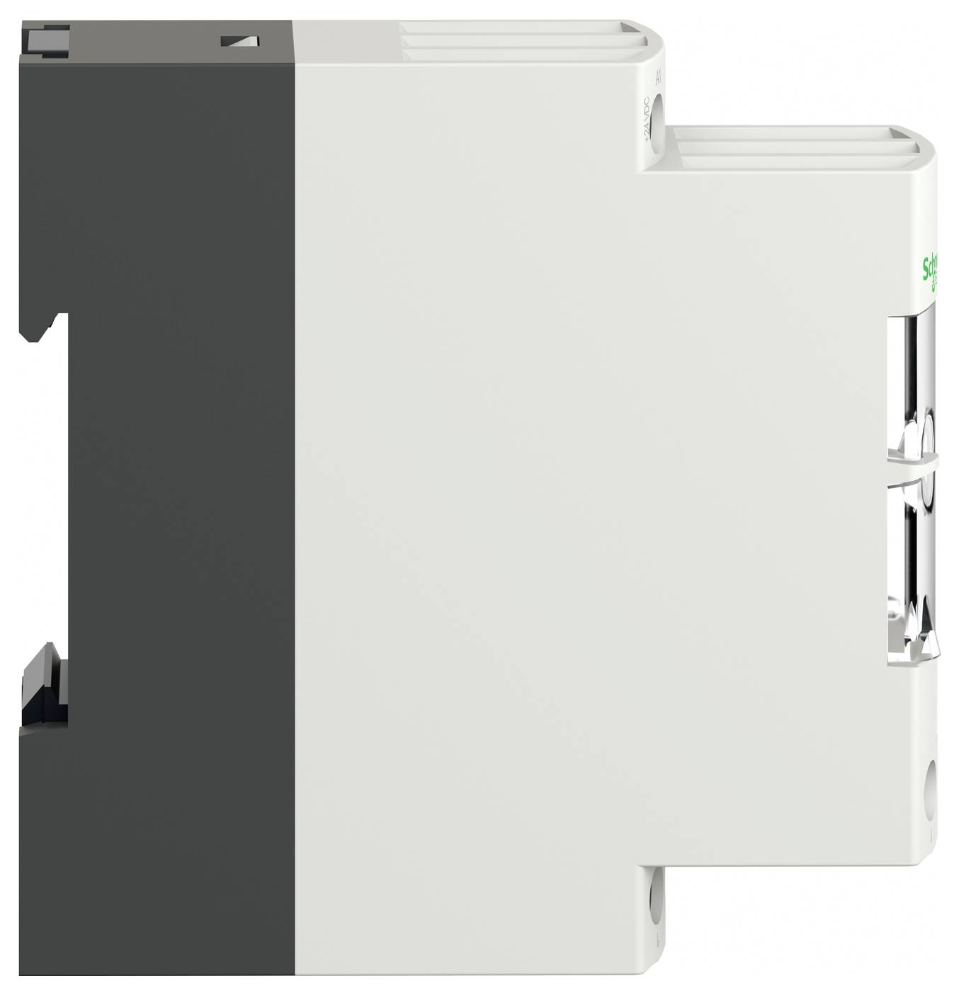 Nahaufnahme eines weißen und dunkelgrauen Elektroschalters oder modularen Schaltkomponentenbauteils, isoliert auf einem einfachen Hintergrund dargestellt.