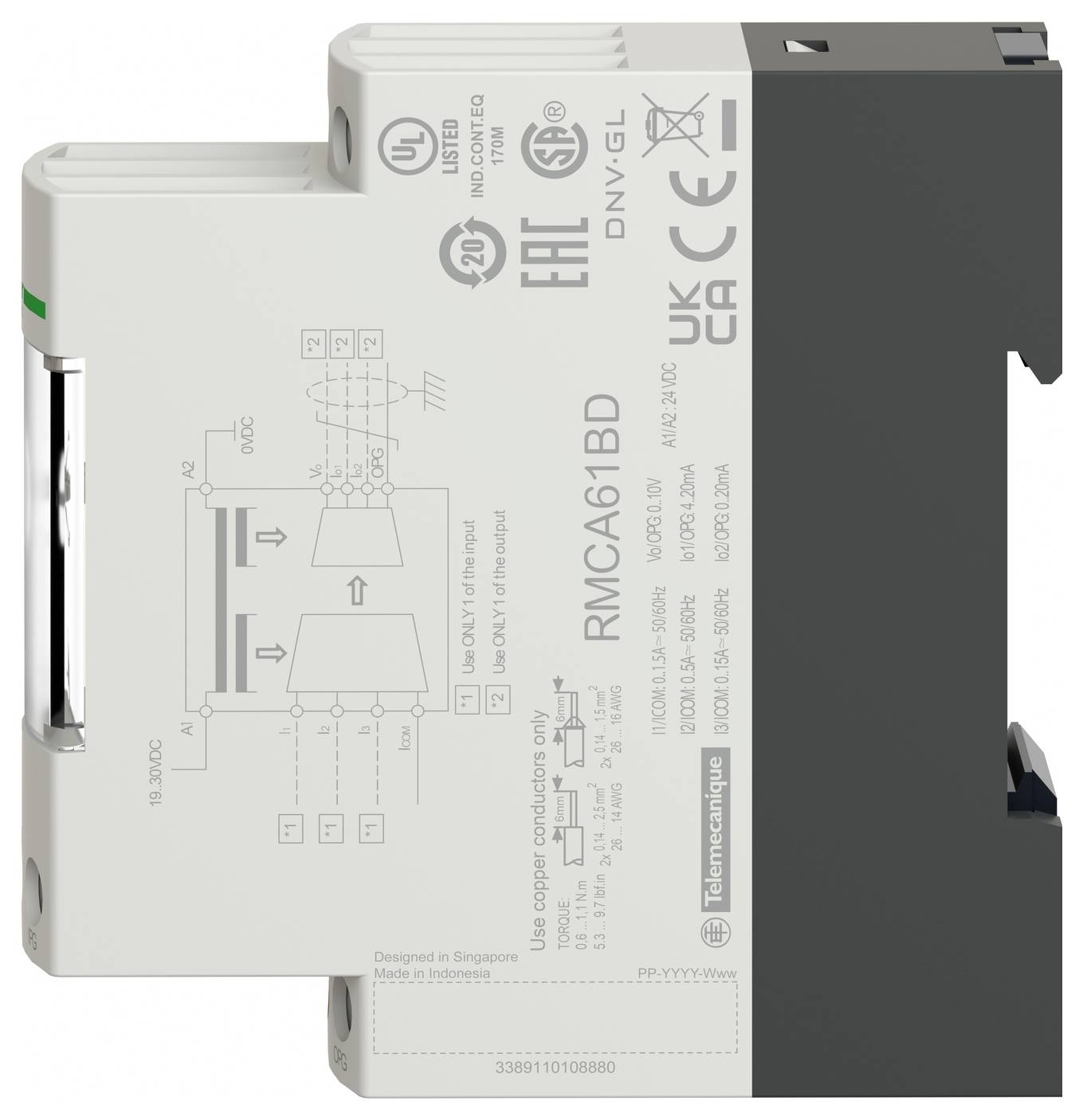 Seitenansicht eines Telemecanique RMCA61BD Relaismoduls mit gedrucktem Verdrahtungsschema und technischen Markierungen auf einem weißen Gehäuse.