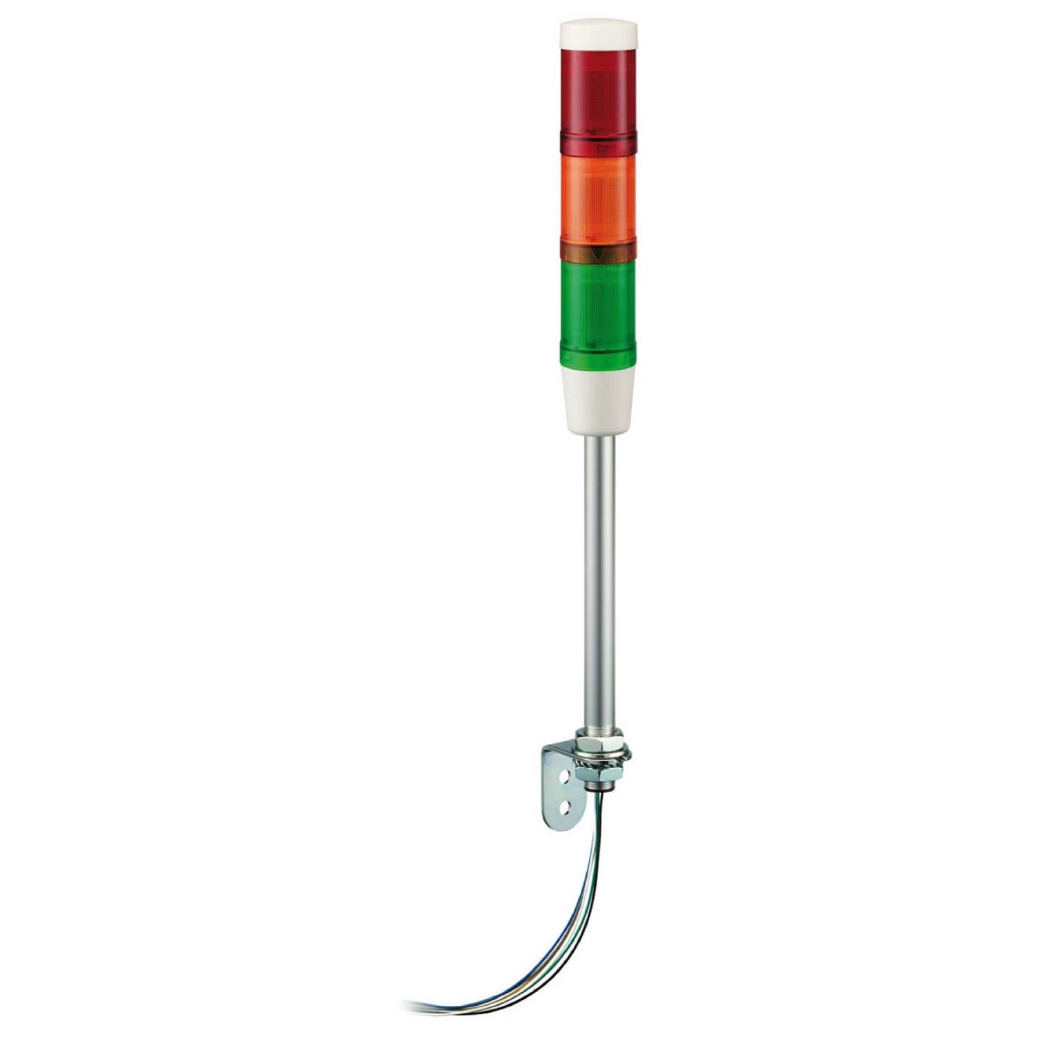 Eine dreifarbige Signalleuchte mit roten, gelben und grünen Lichtern auf einem Stab, montiert auf einem Metallhalter mit Kabeln.