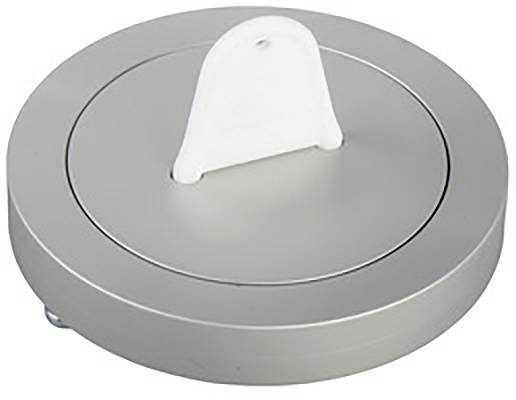 Runder, silberner Metalldeckel mit weißem Griff in der Mitte.