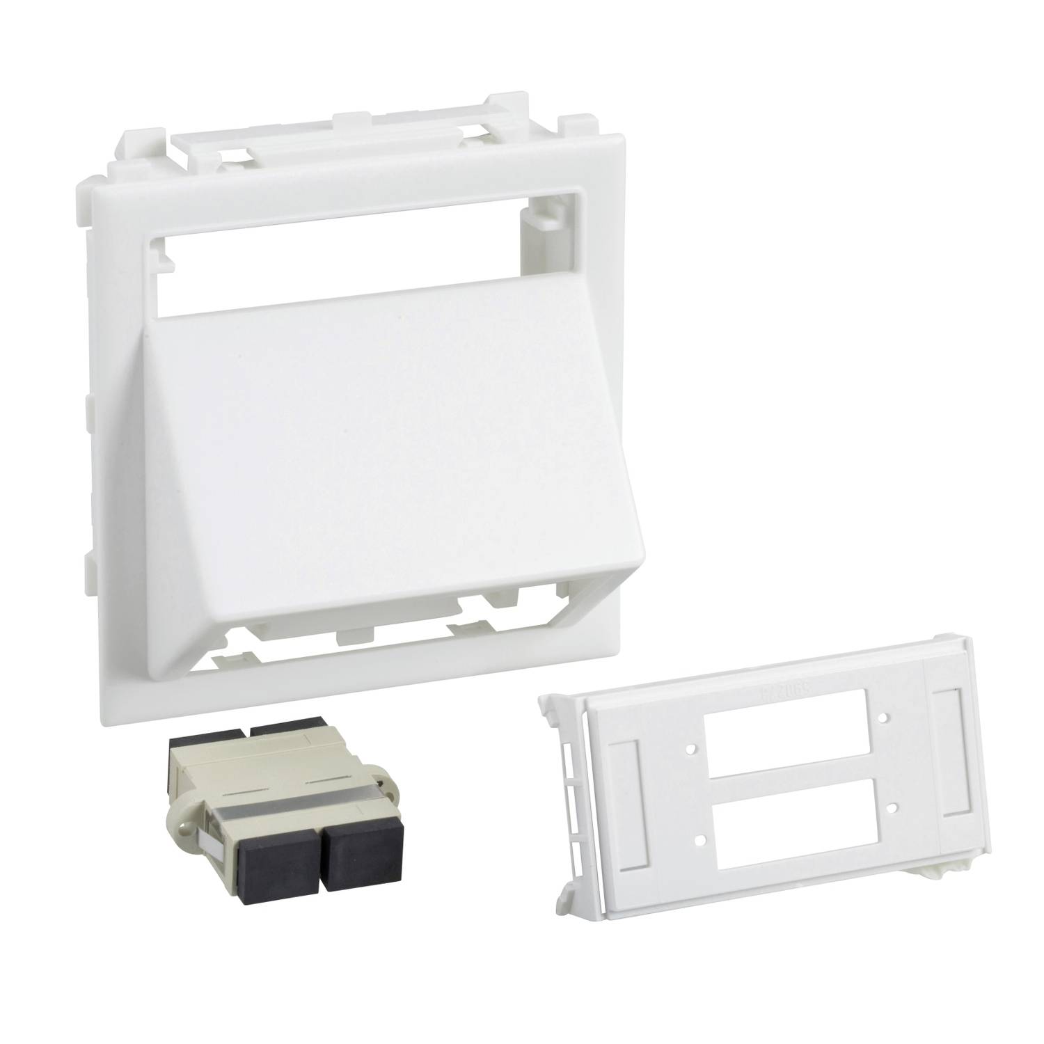 Weiße Abdeckungen und ein Steckmechanismus für Kabelanschlüsse. Entworfen für Wandmontage, ideal für IT-Netzwerkinstallationen.