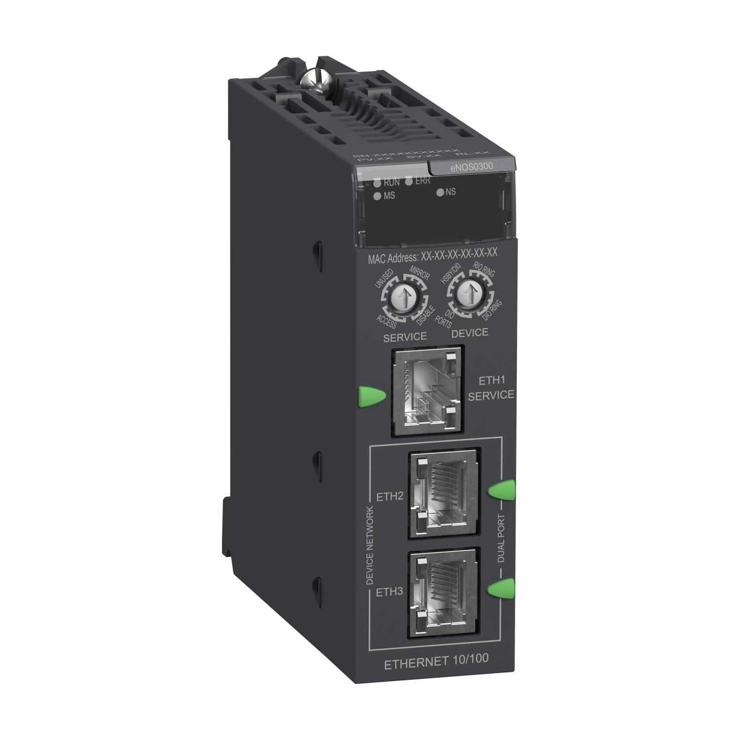 Ein schwarzes Ethernet-Kommunikationsmodul mit mehreren Anschlussmöglichkeiten und grünen LED-Anzeigen, verwendet für Industriegeräte.