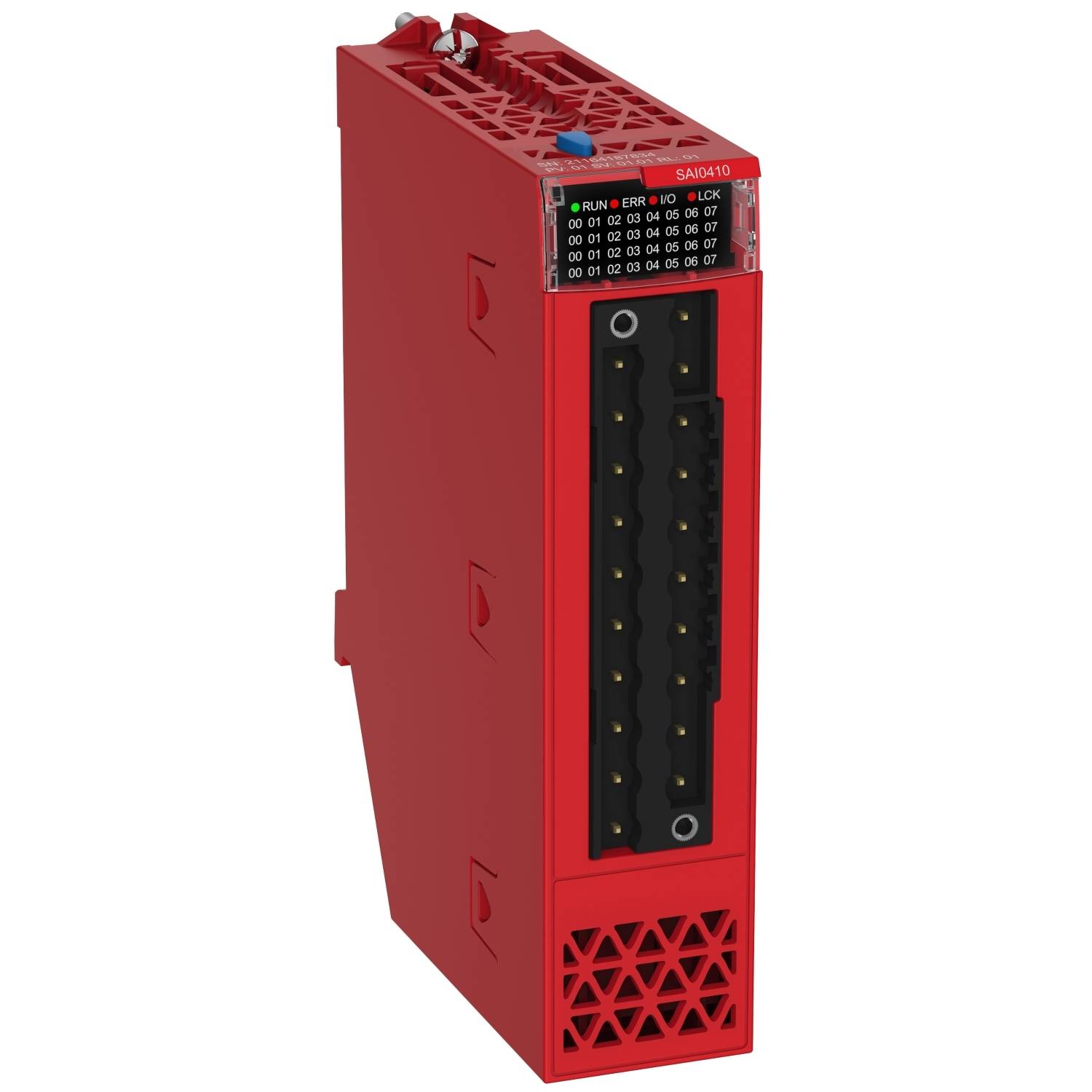 Ein rotes elektronisches Steuergerät in einem rechteckigen Gehäuse mit mehreren Anschlüssen und einer LED-Anzeige oben.