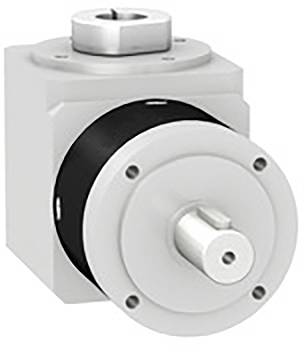 Ein grauer, zylindrischer Getriebemotor mit mehreren Schrauben an der Front. Er hat eine Welle und befindet sich auf einem weißen Hintergrund.