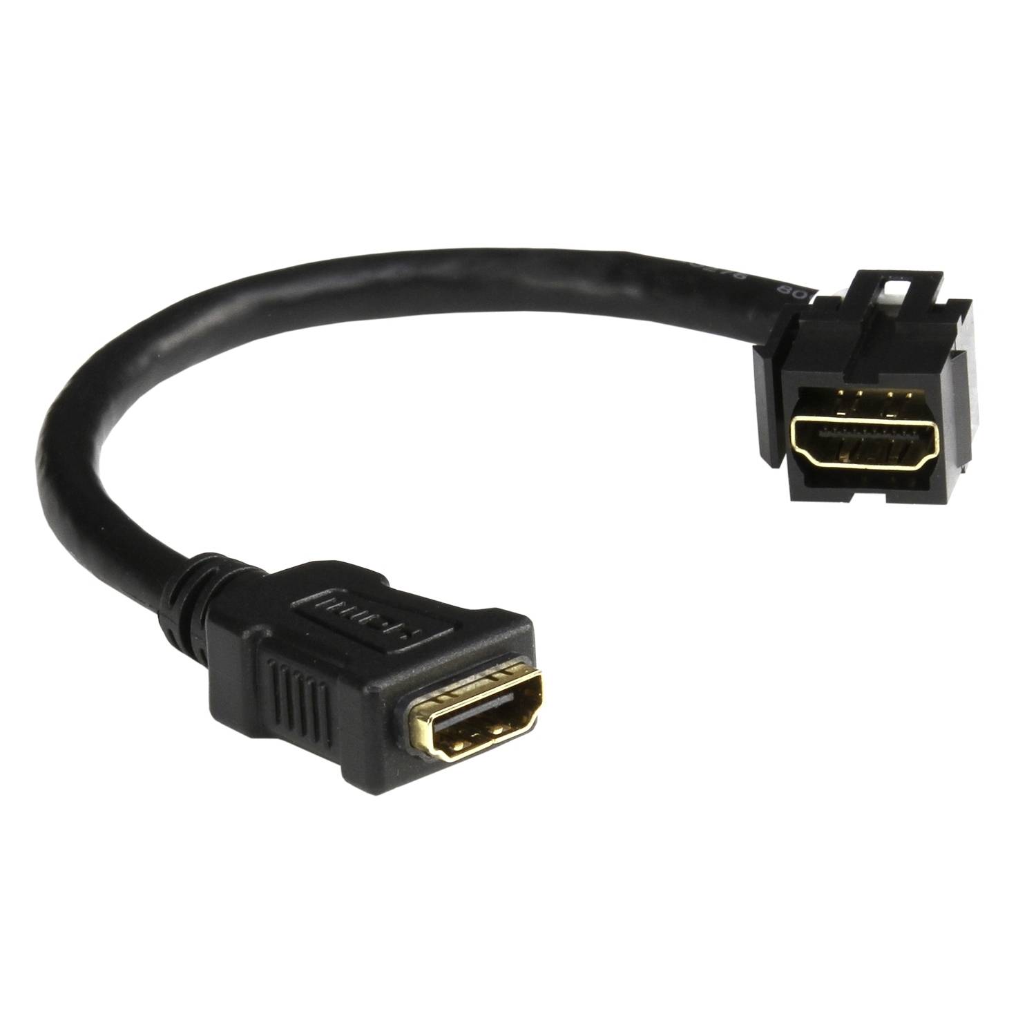 Schwarzes HDMI-Adapterkabel mit Winkelstecker auf der einen Seite und rechteckigem Anschluss auf der anderen Seite, geeignet für enge Räume.