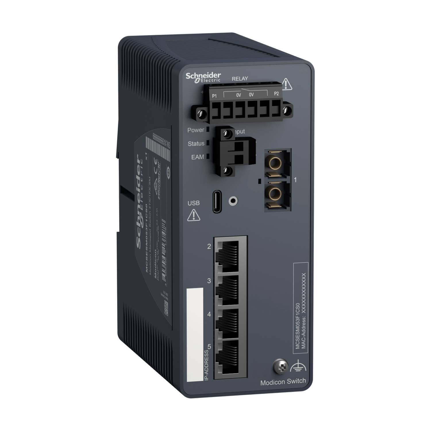 Ein Steuergerät von Schneider Electric mit mehreren Anschlüssen, darunter USB und Ethernet. Geeignet zur industriellen Datenverwaltung.