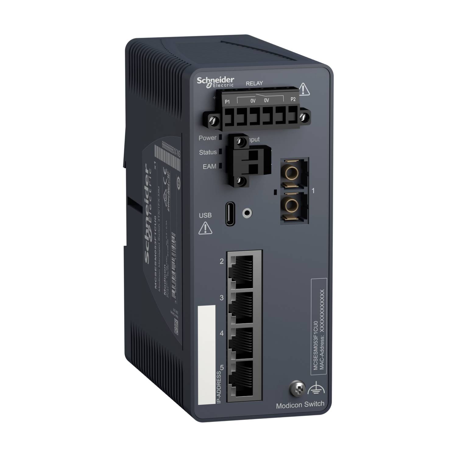 Ein grauer Industrie-Schaltschrank mit mehreren Anschlüssen und LED-Anzeigen, darunter USB und Ethernet-Ports, von Schneider Electric.